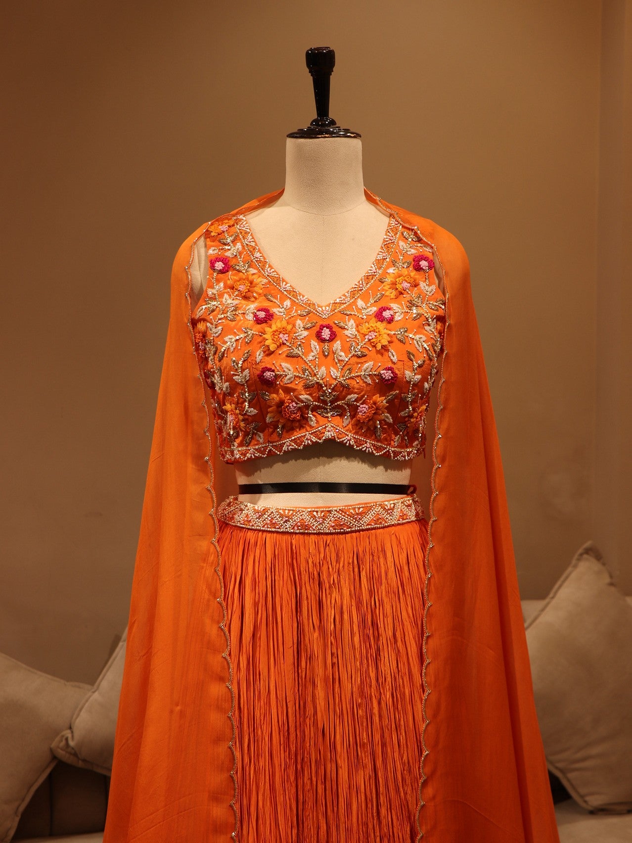 Rust orange crop top crush skirt with cape