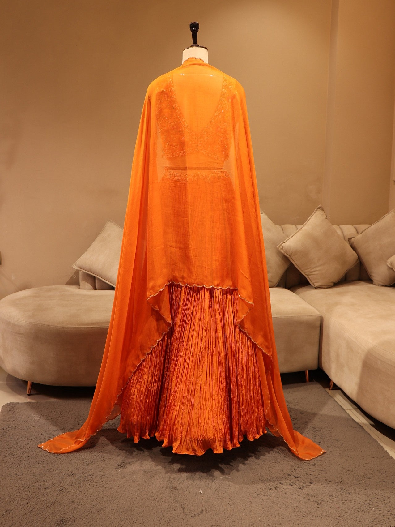Rust orange crop top crush skirt with cape