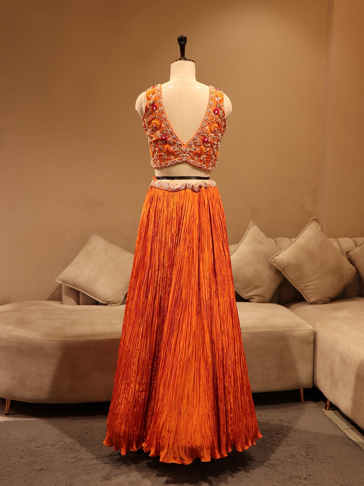 Rust orange crop top crush skirt with cape