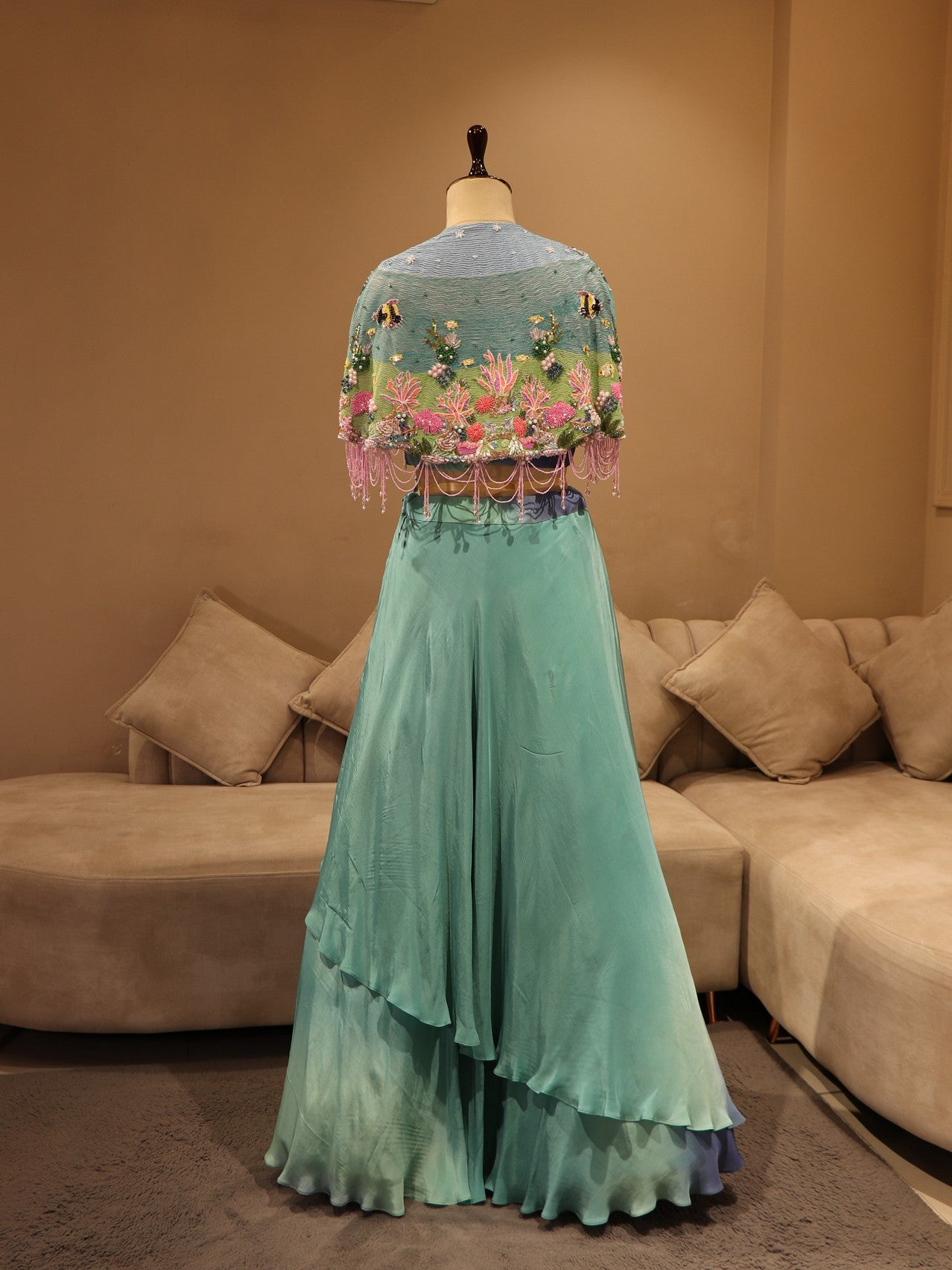 Sea blue shaded embroidered cape with skirt