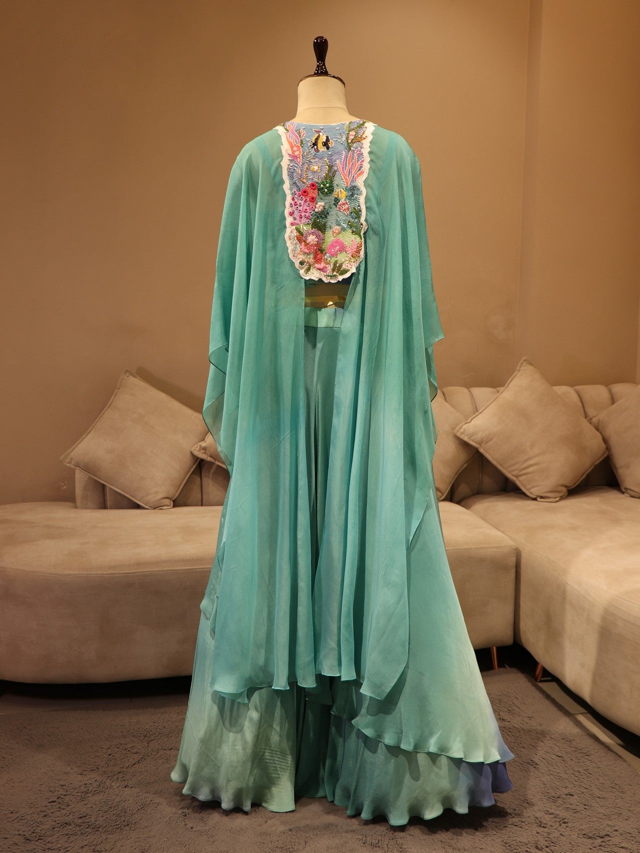 Sea blue shaded embroidered cape with skirt