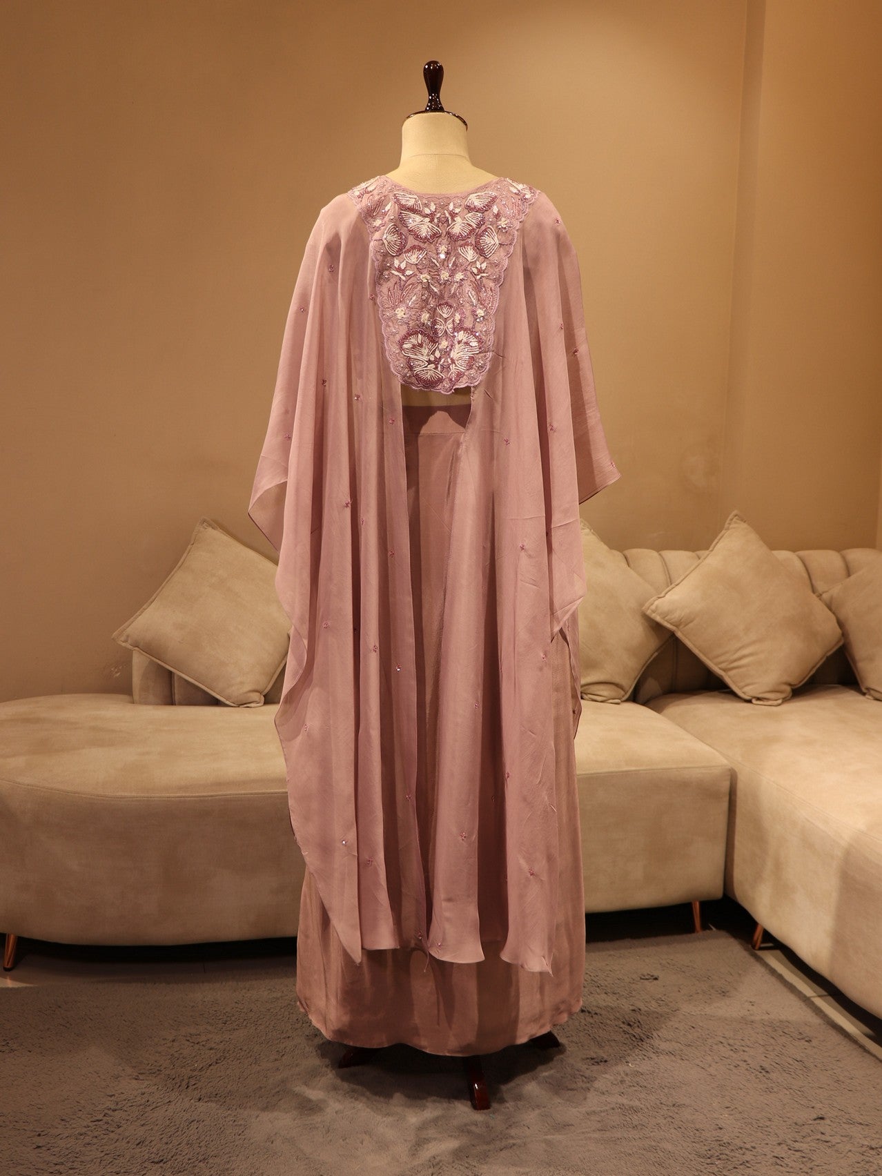 Mauve cape top with drape skirt