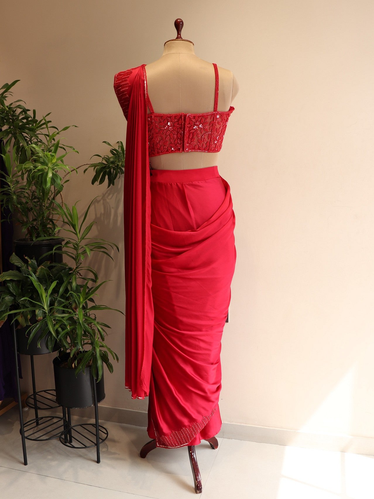 Hot red Corset blouse with drape saree