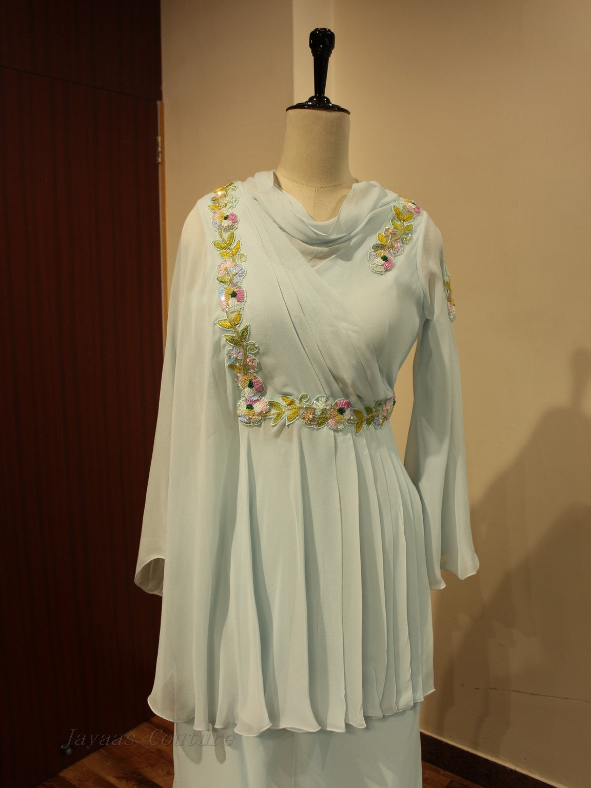 Powder blue Drape top with flaired pants