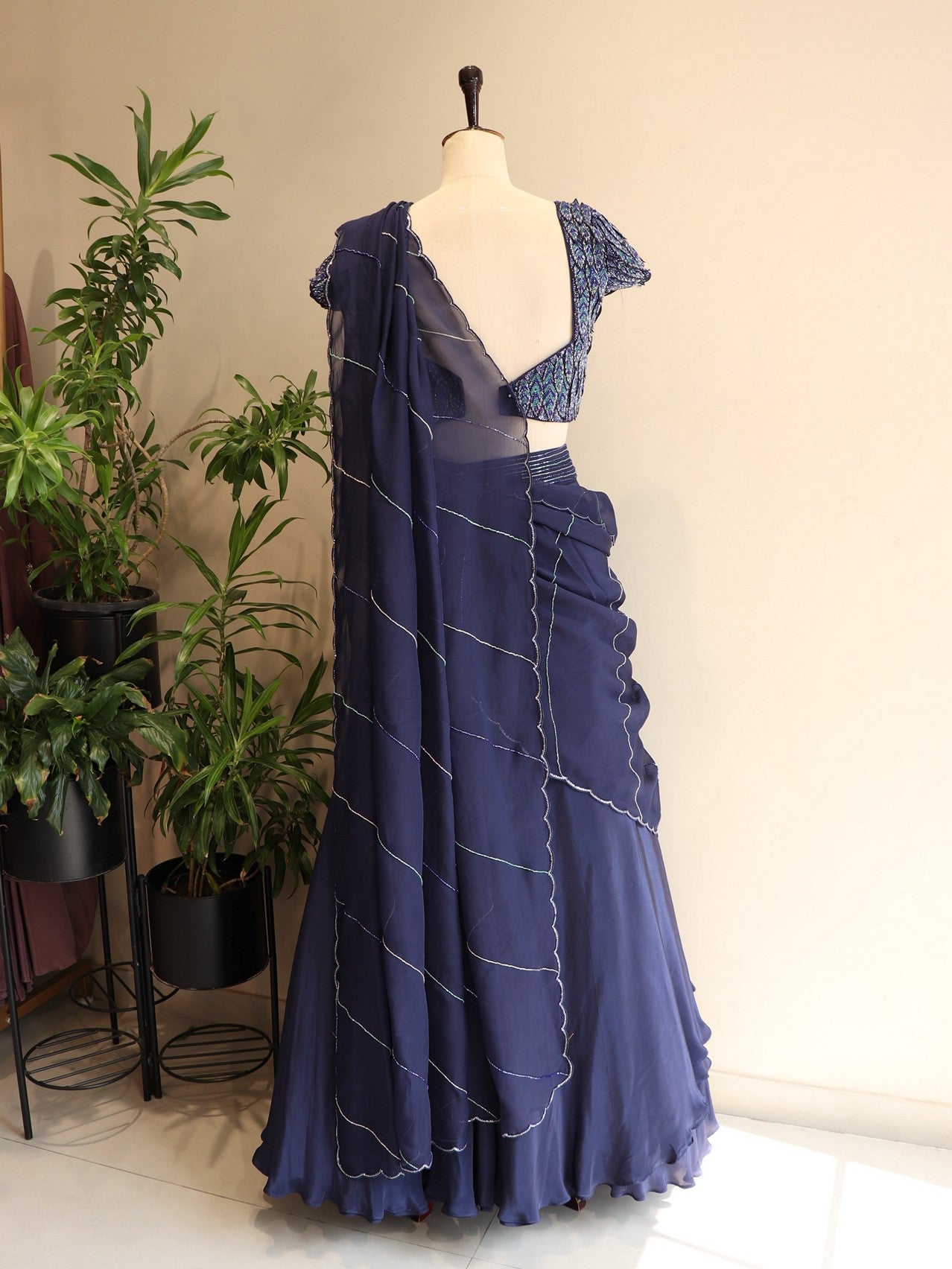 Navy blue 3d leafs lehenga set