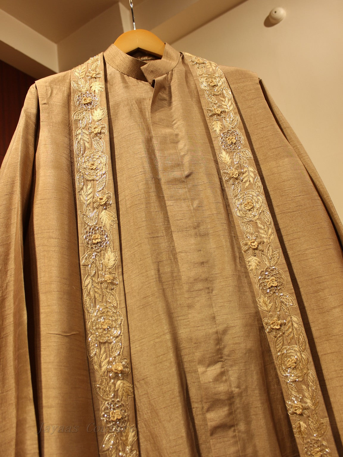 Dusty beige mens long jacket with kurta pants