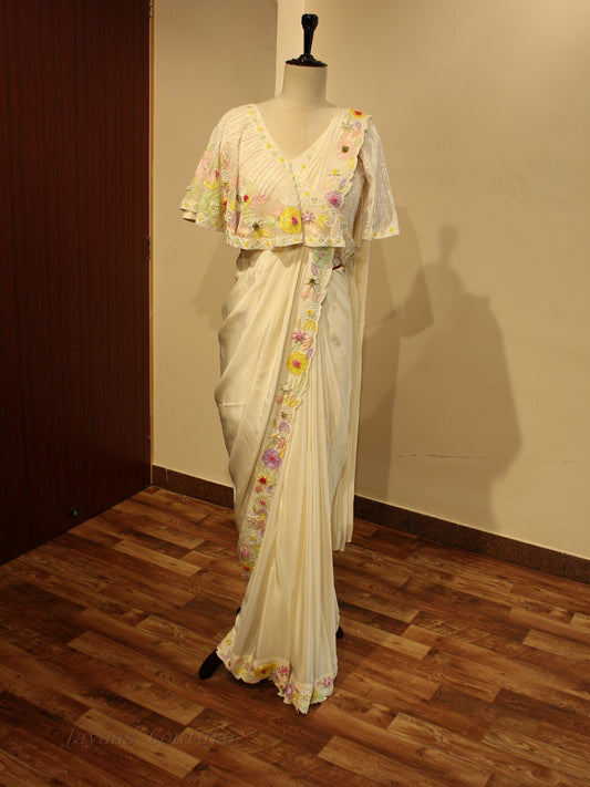 Off white saree with drape blouse