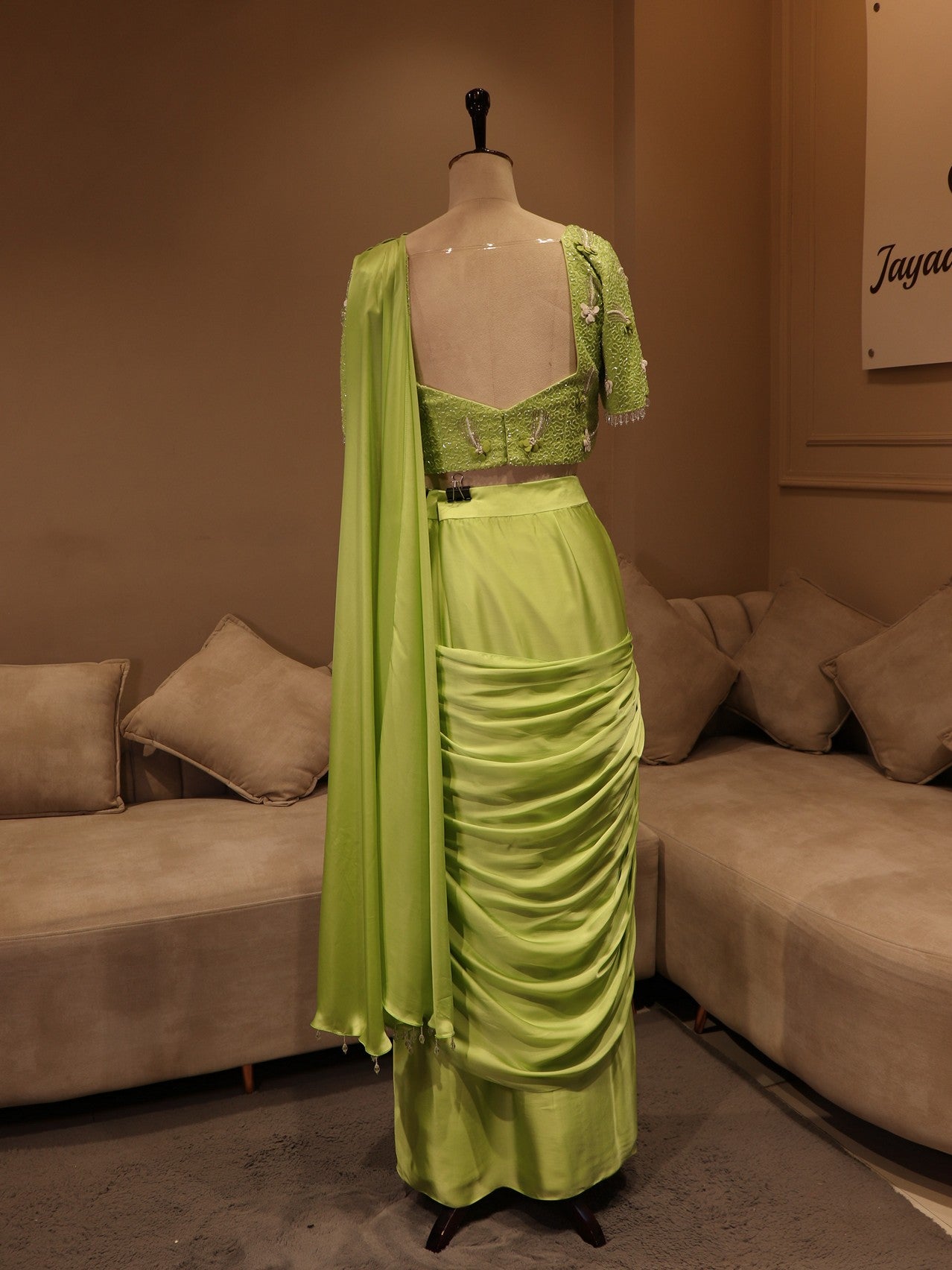Parrot green drape saree