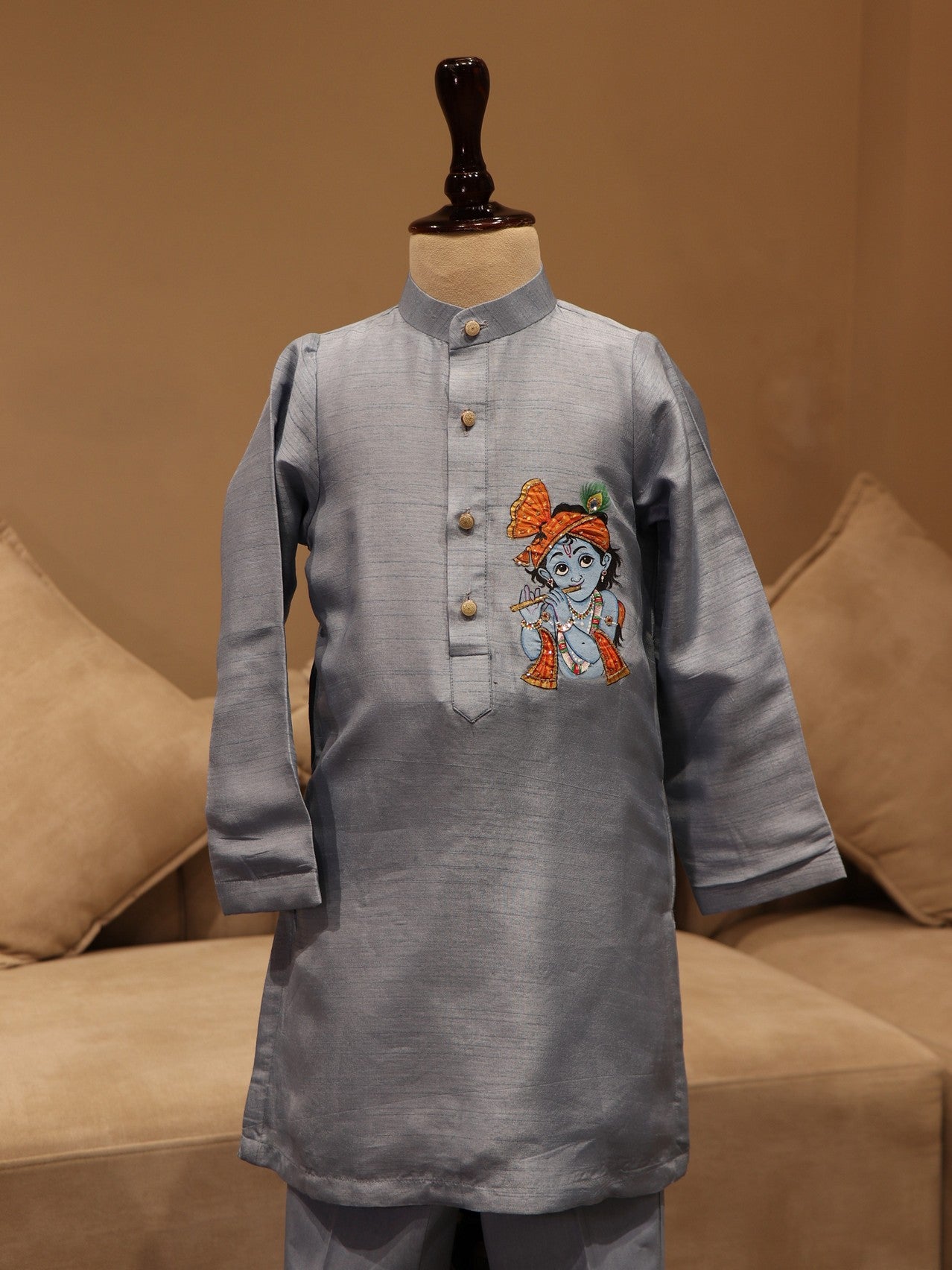 ice blue krishna mens hand painted kurta pants