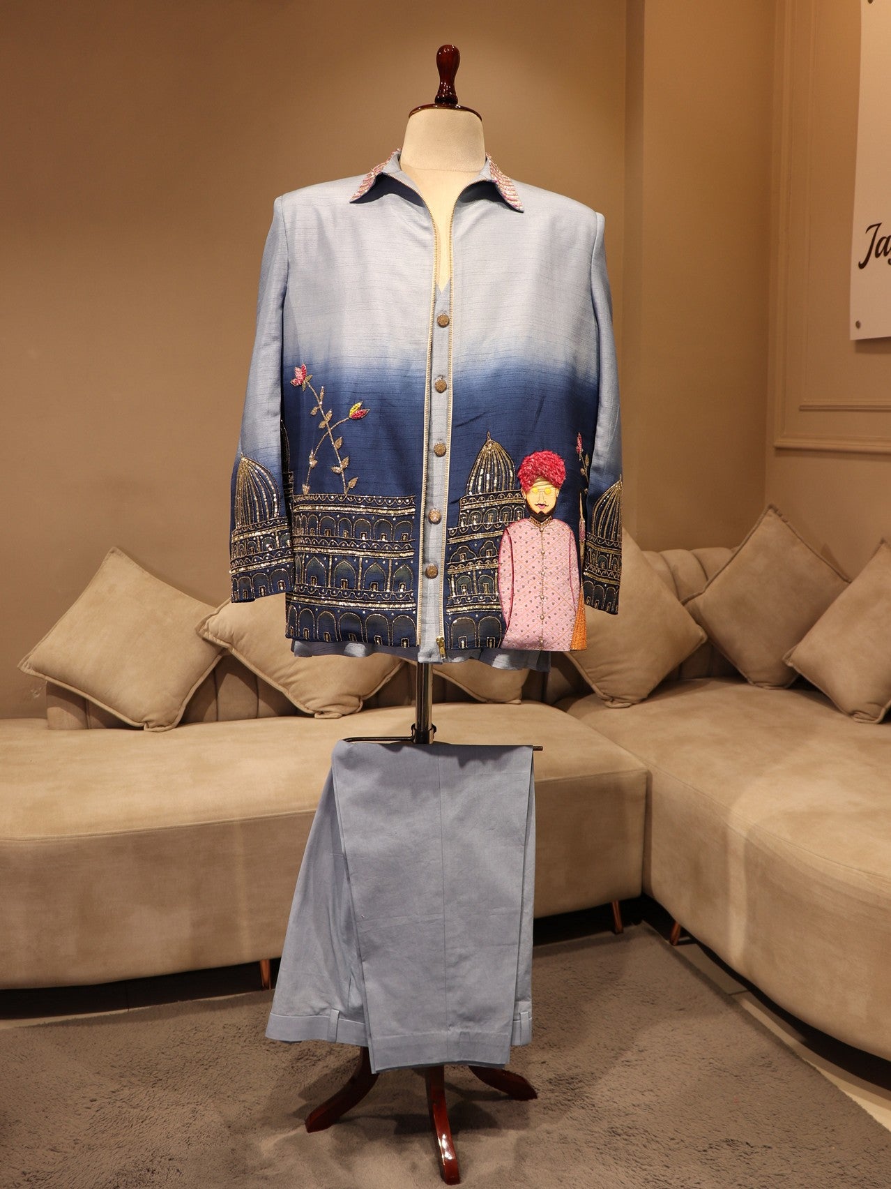 blue shaded hand painted mens bomberjacket with pants