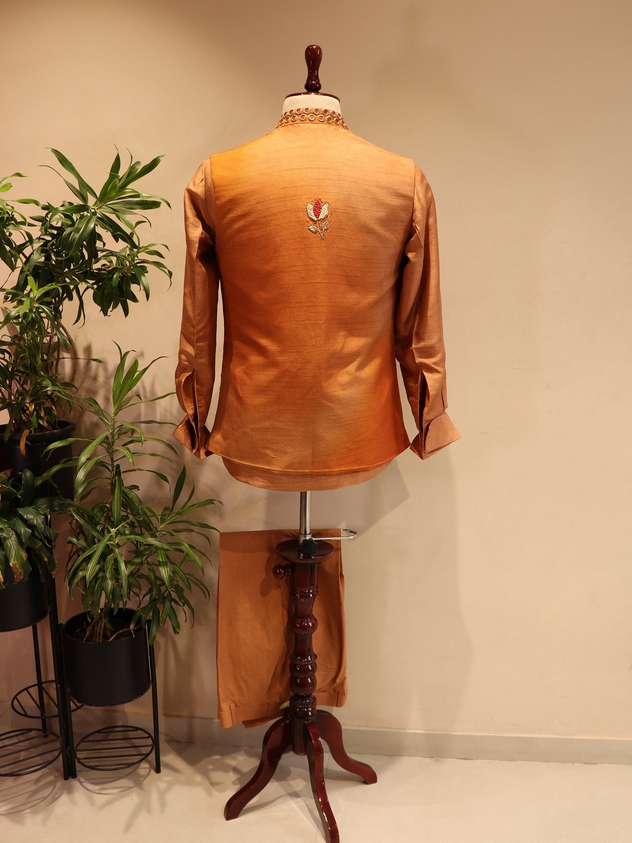 Rust orange mens jodpuri jacket shirt pants
