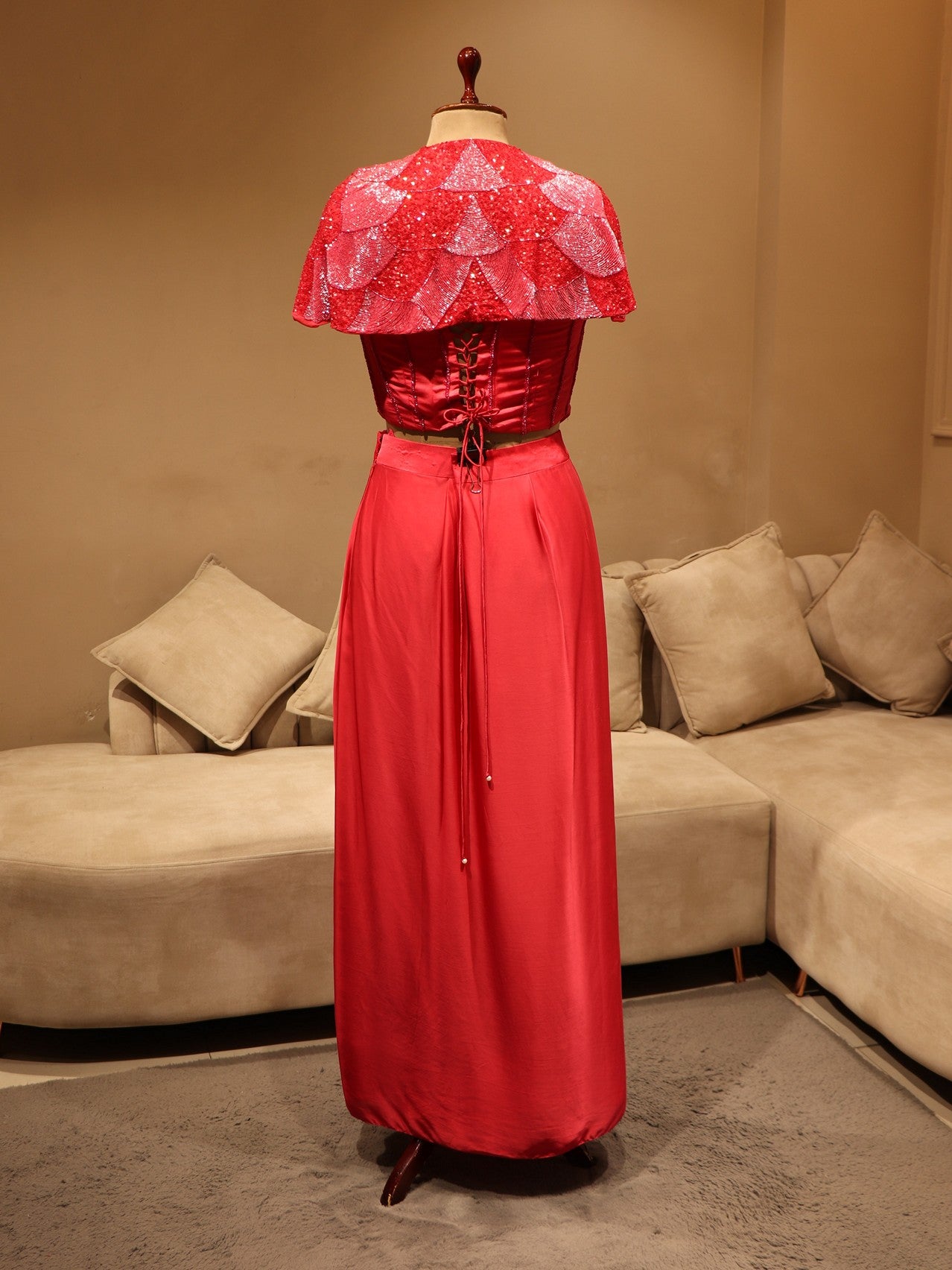 Tomato red corset with cape skirt