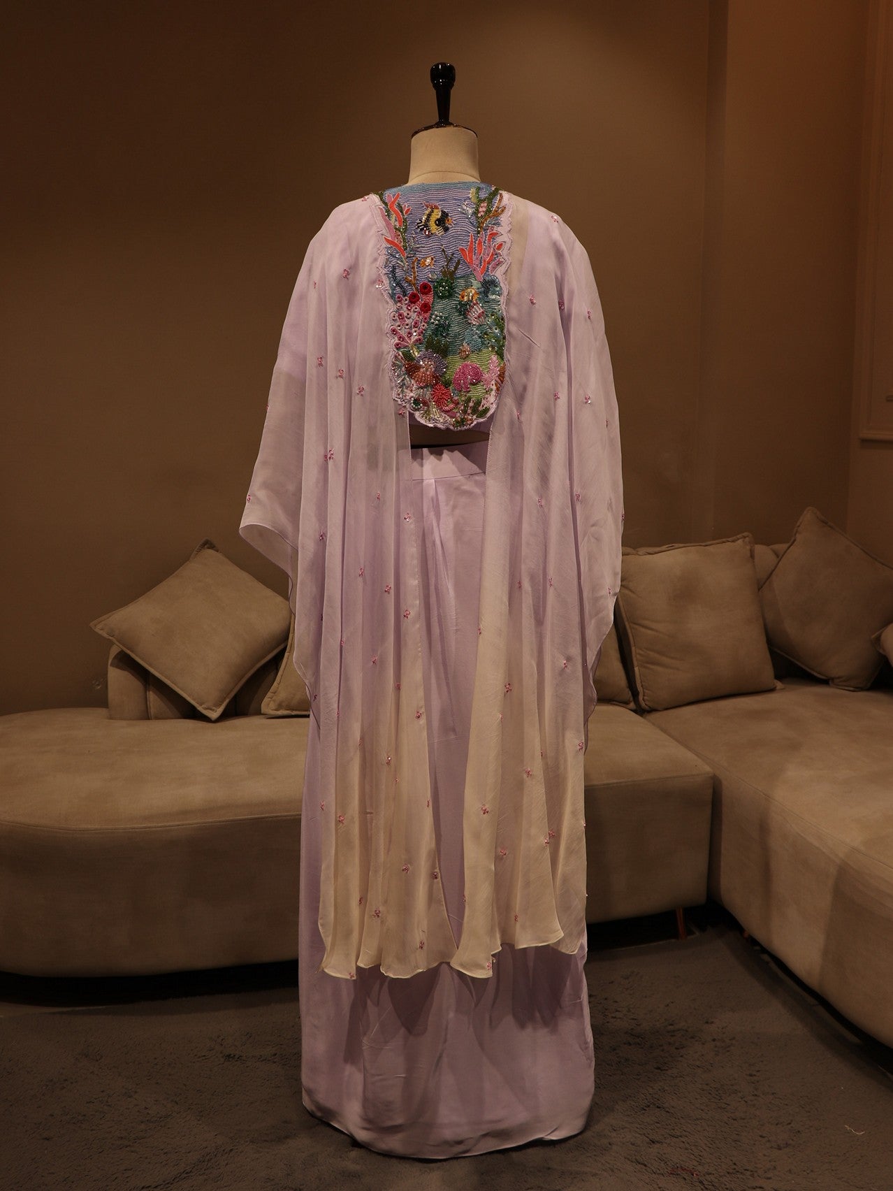 lilac shaded cape top skirt