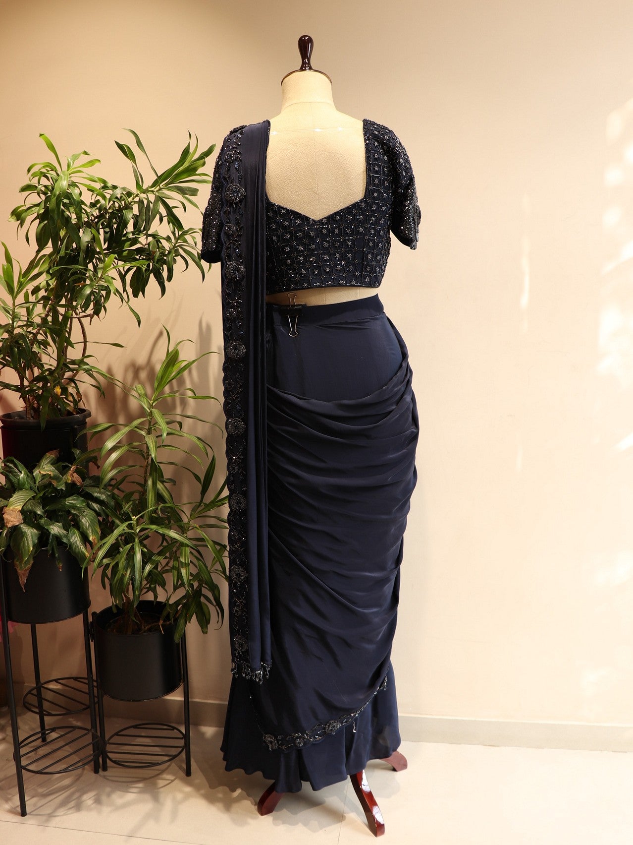 navy blue drape saree