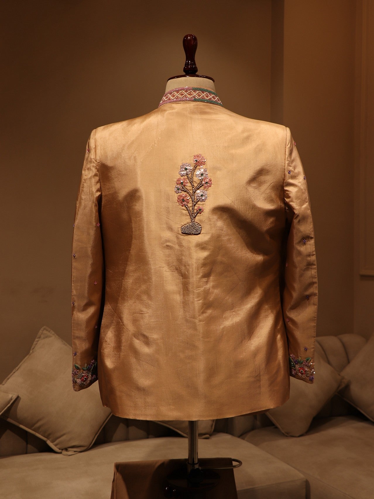 champagne gold peacock mens indowestern set