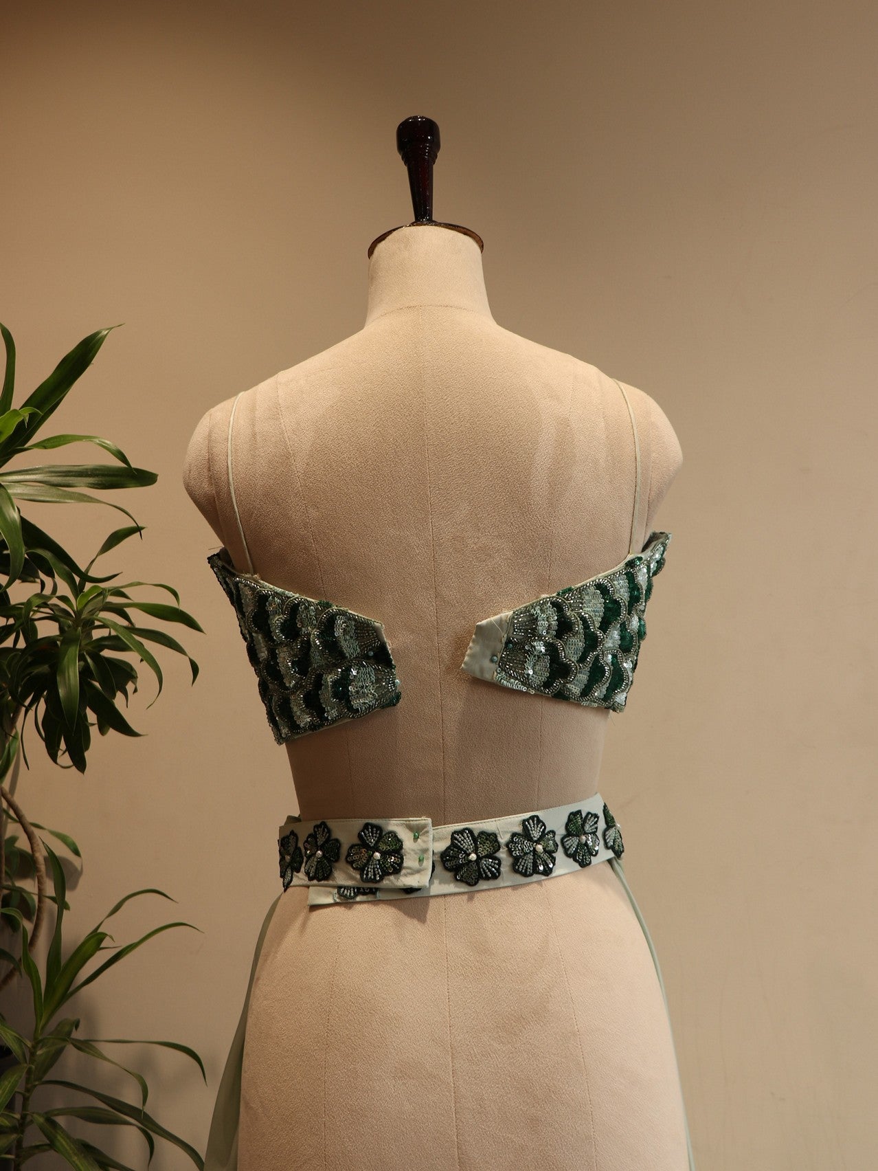 olive green 3d leafs crop top plazo