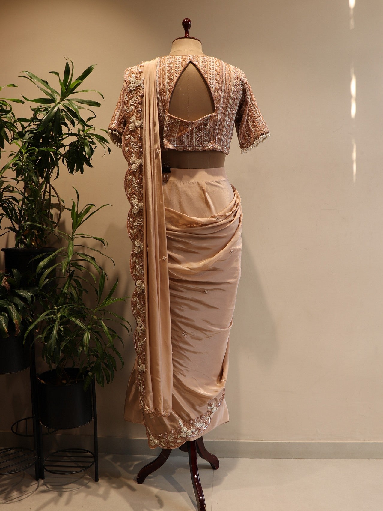 champagne gold drape saree