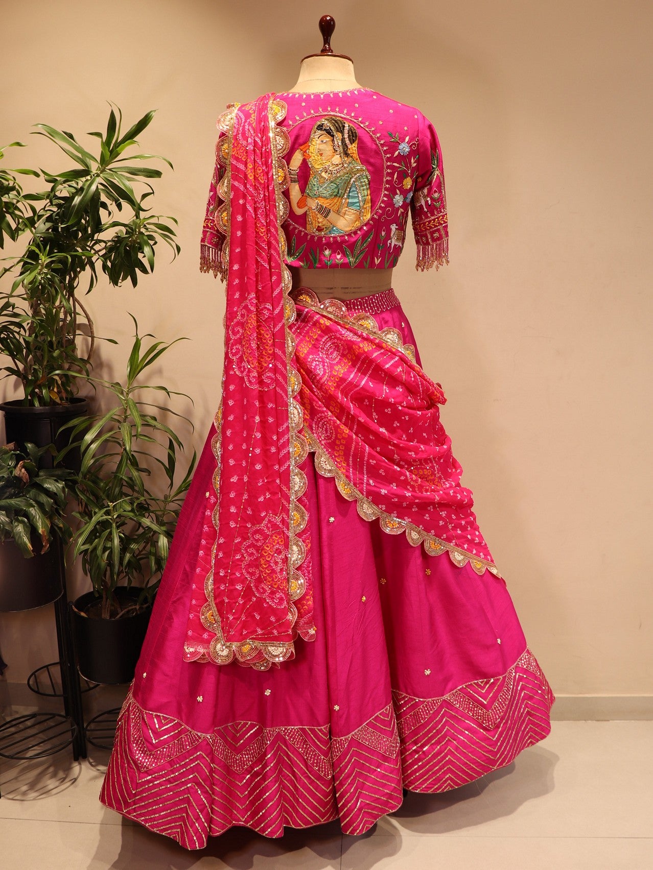 Hot pink radha krishna ji bandhej lehenga