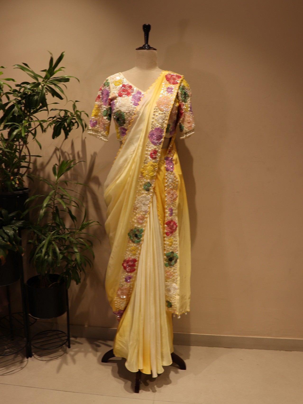lemon yellow drape saree