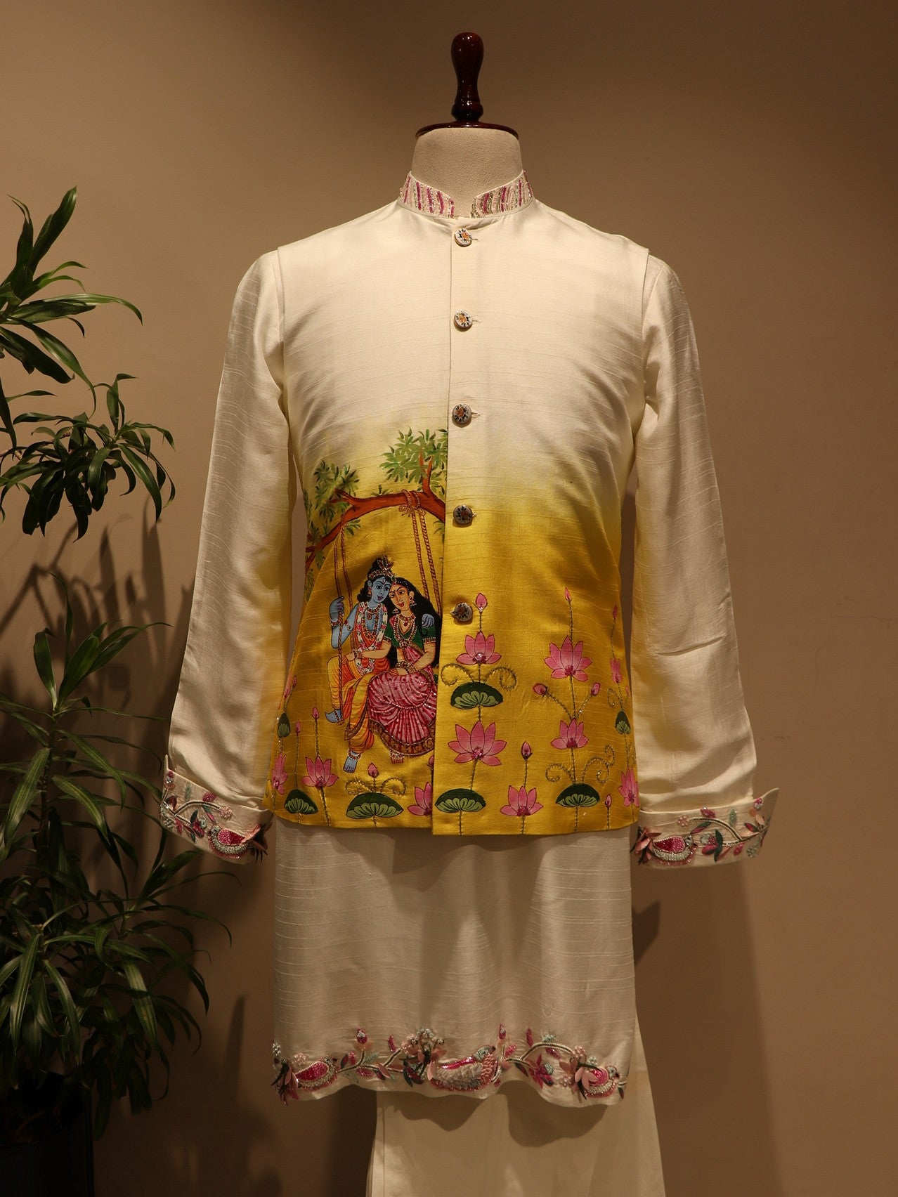 yellow radha krishna ji mens handpainted jacket kurta pants
