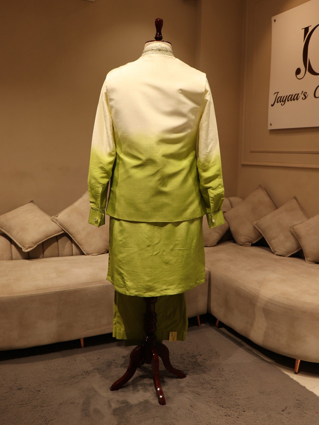 green shaded elephant handpainted mens jacket kurta pants