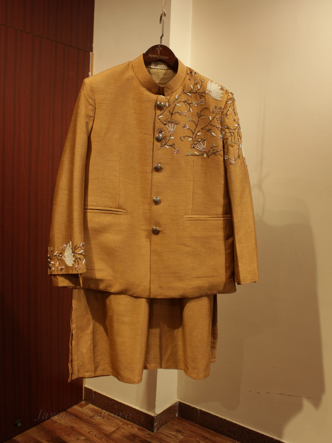 brown embroidered jacket with kurta and pants