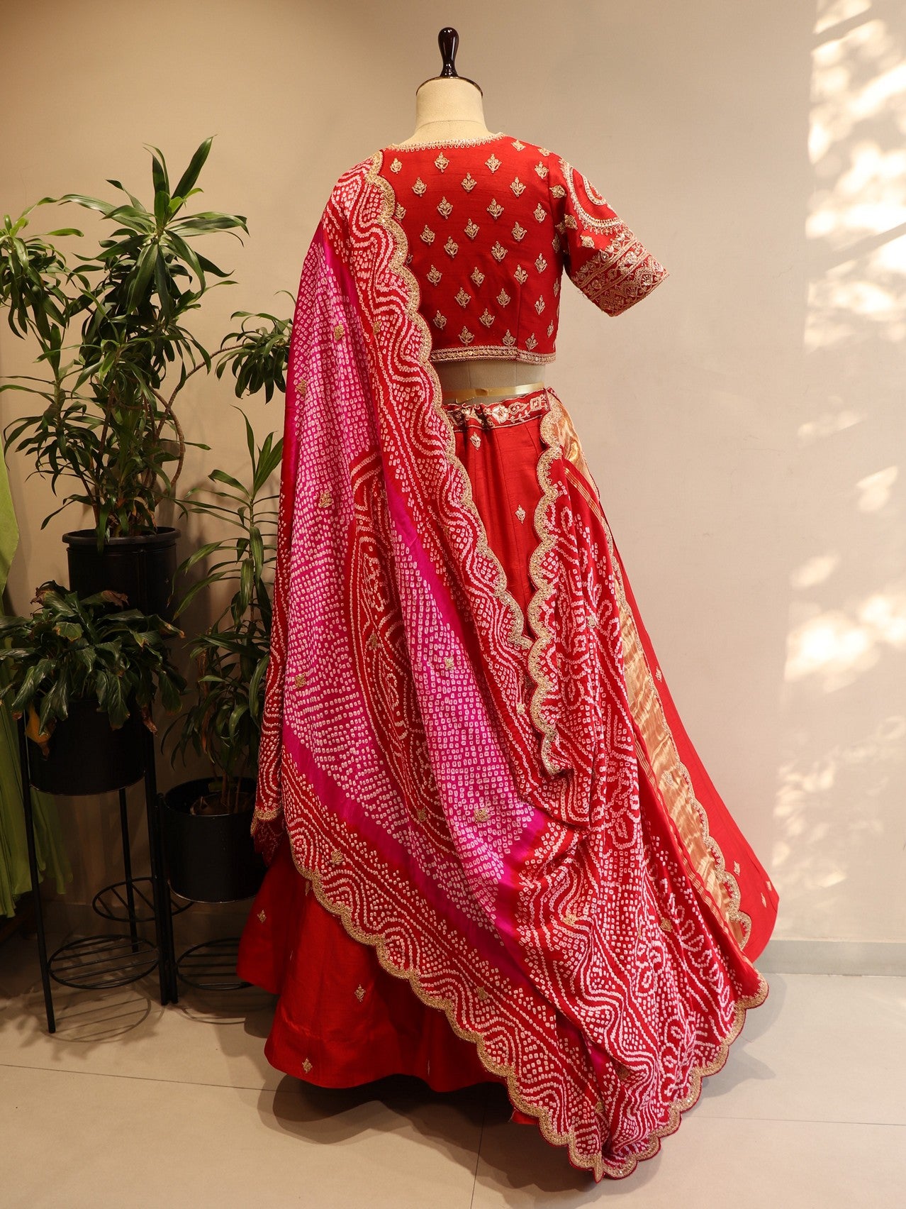 Red Bandhej marodi lehenga set