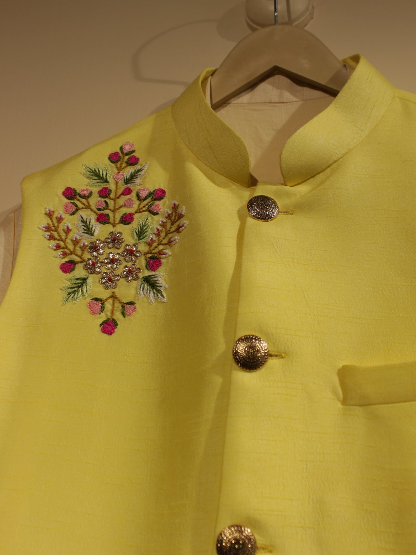 Pearl white yellow mens neheru jacket with kurta pants