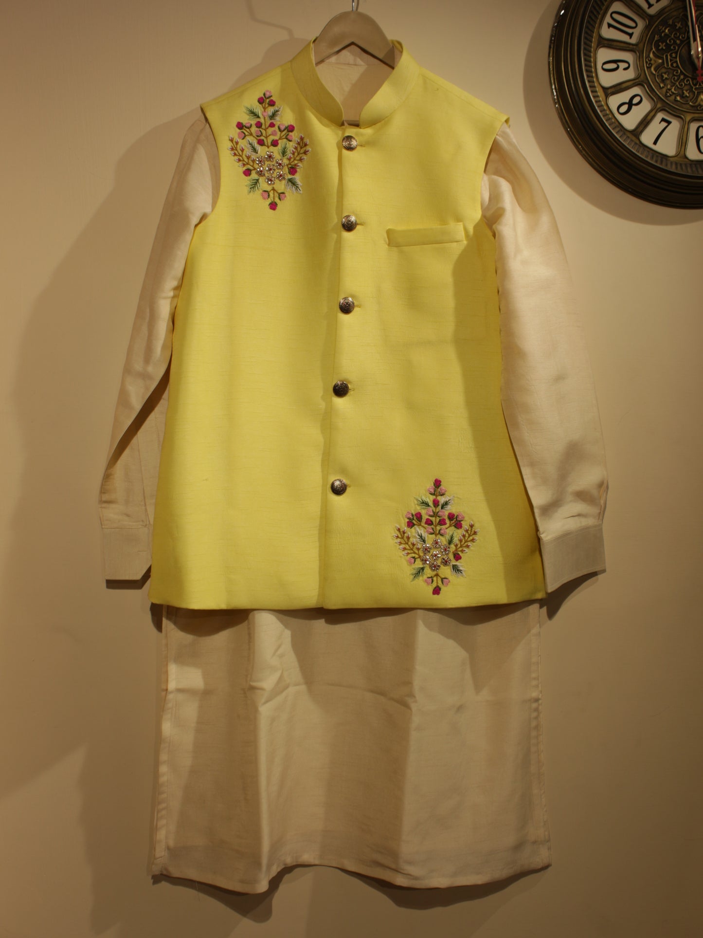 Pearl white yellow mens neheru jacket with kurta pants