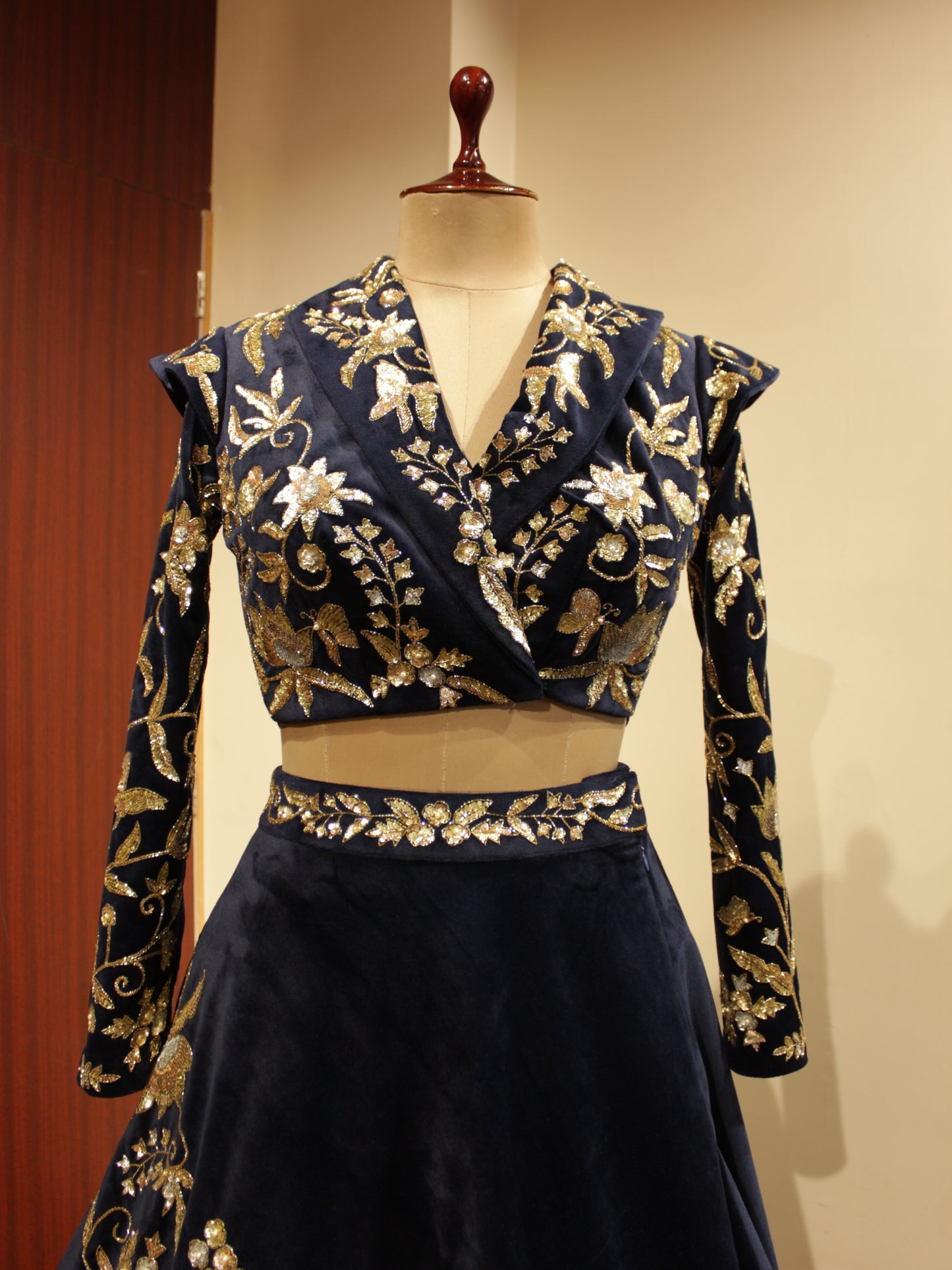 Midnight blue embroidered crop top with skirt