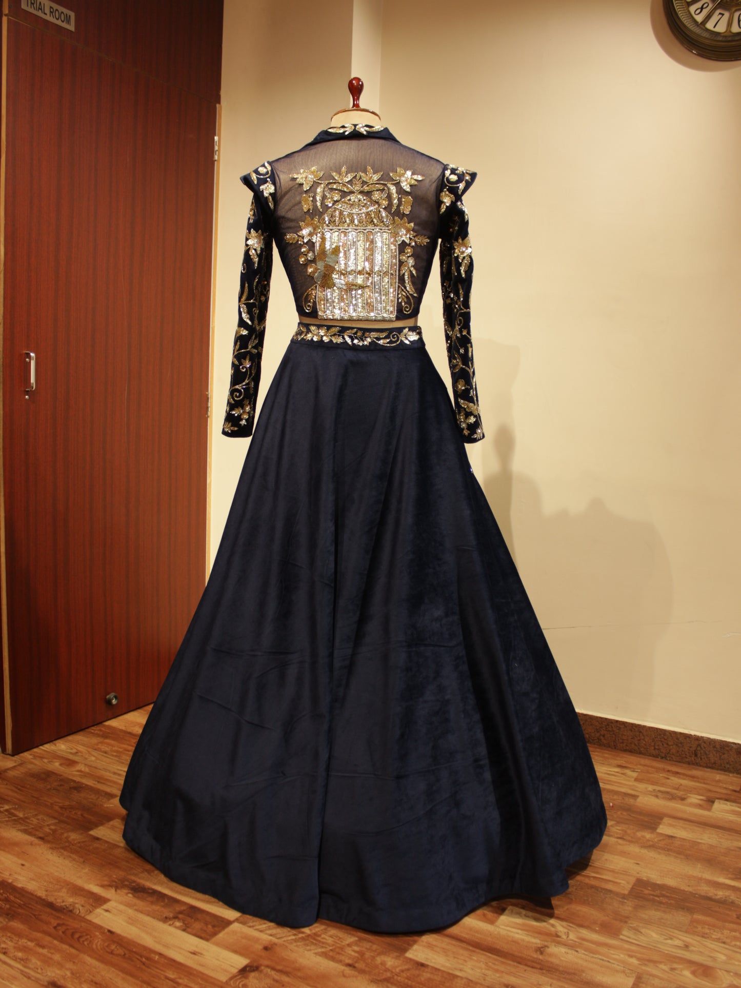 Midnight blue embroidered crop top with skirt
