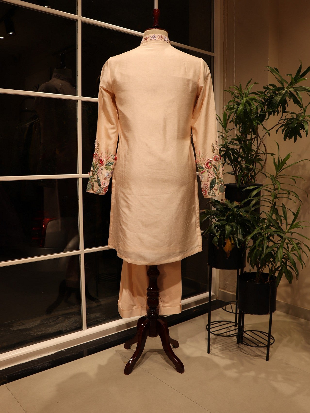 Peach rose gold 3d crane mens angrakha kurta pants