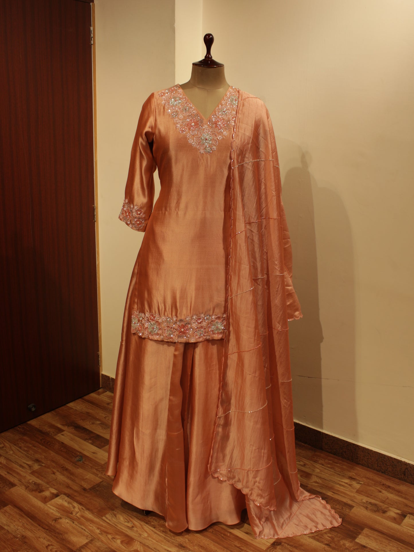 Peach kurta skirt with dupatta