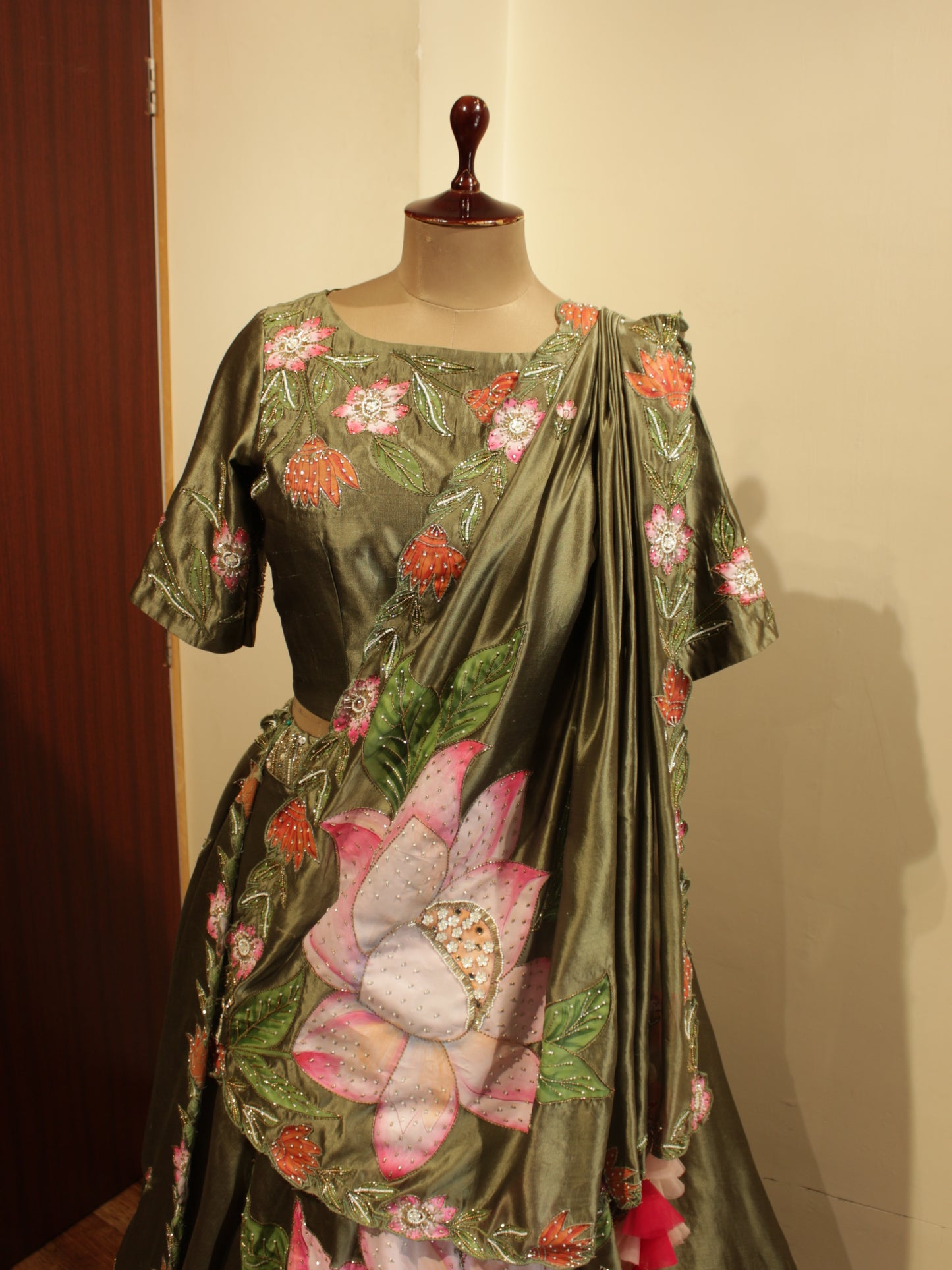 Olive green hand painted lehenga set