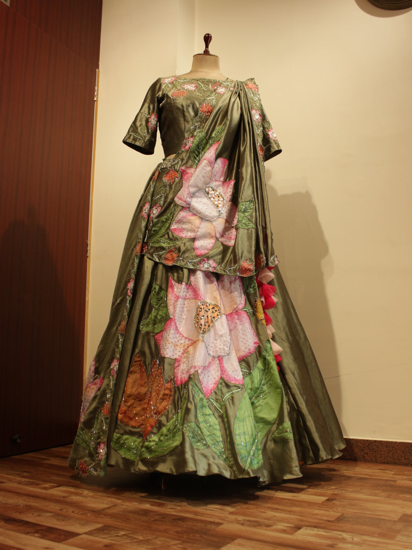 Olive green hand painted lehenga set