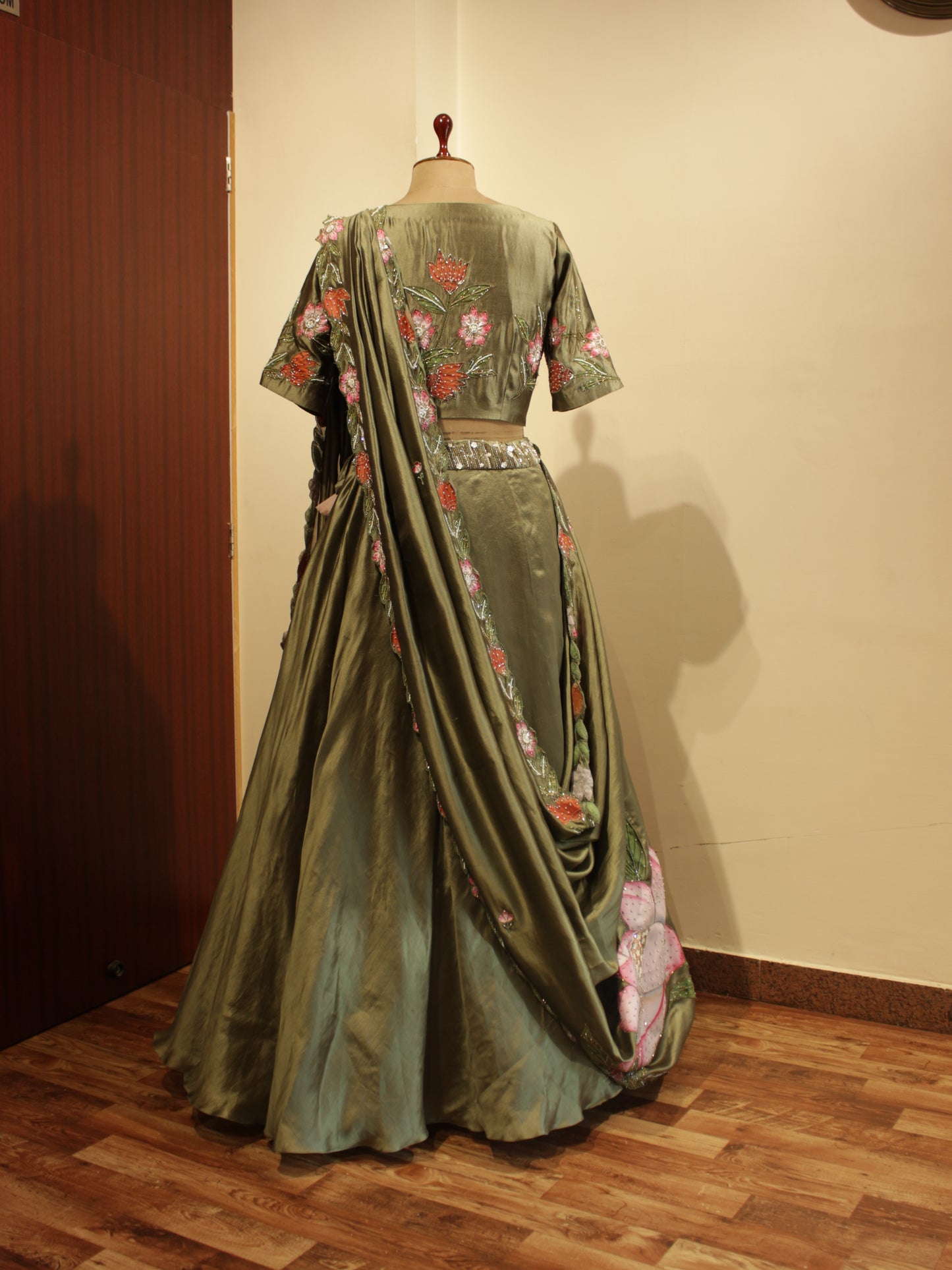 Olive green hand painted lehenga set