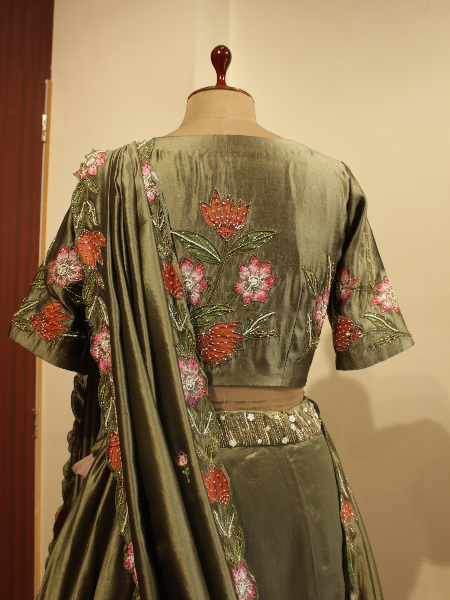 Olive green hand painted lehenga set