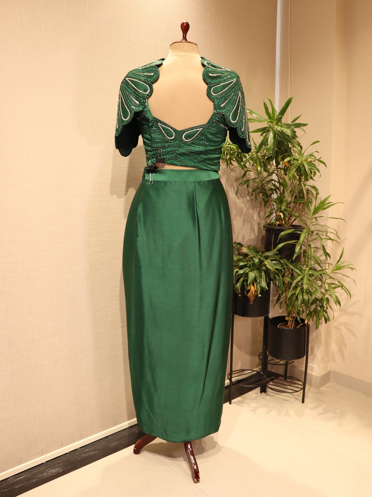 Bottle green crop top drape skirt