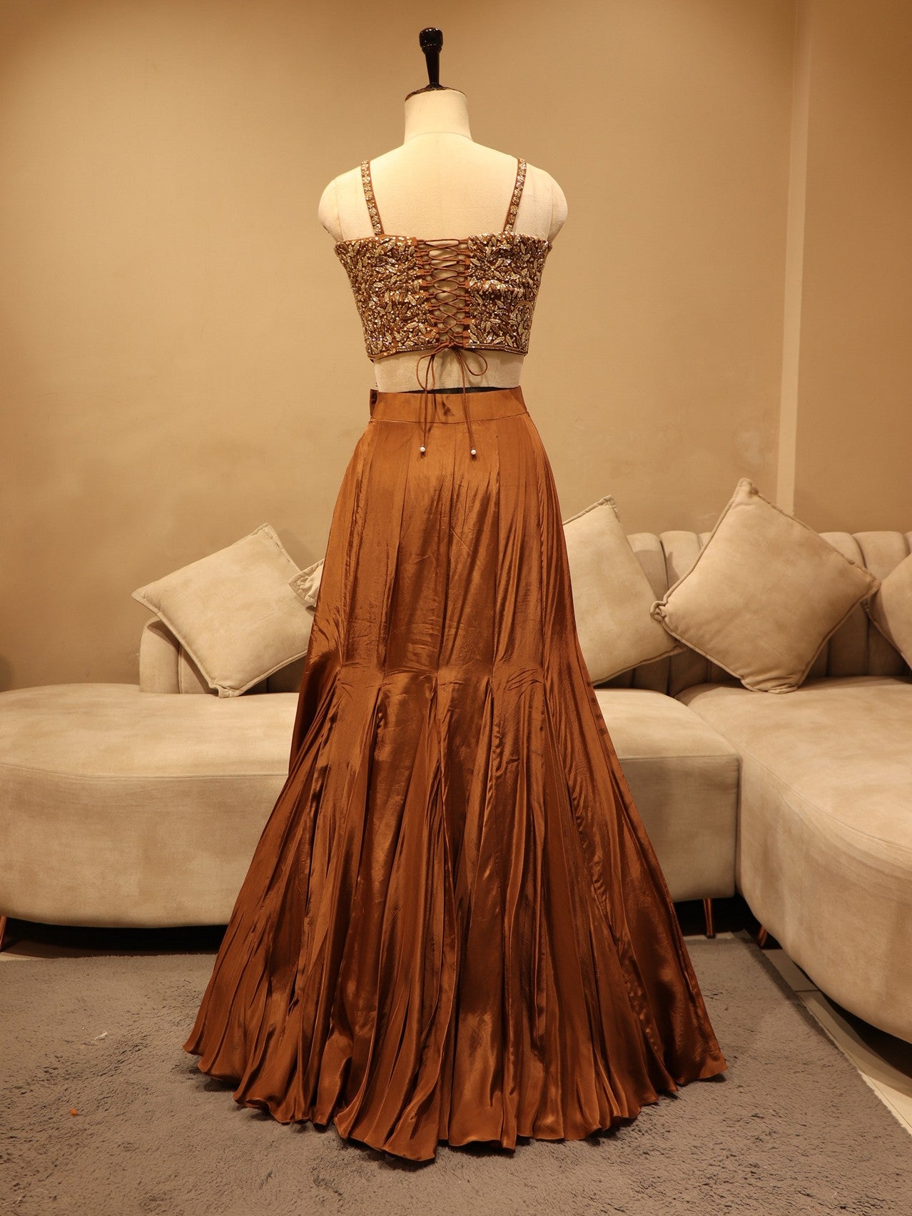 brown crop top with panel skirt