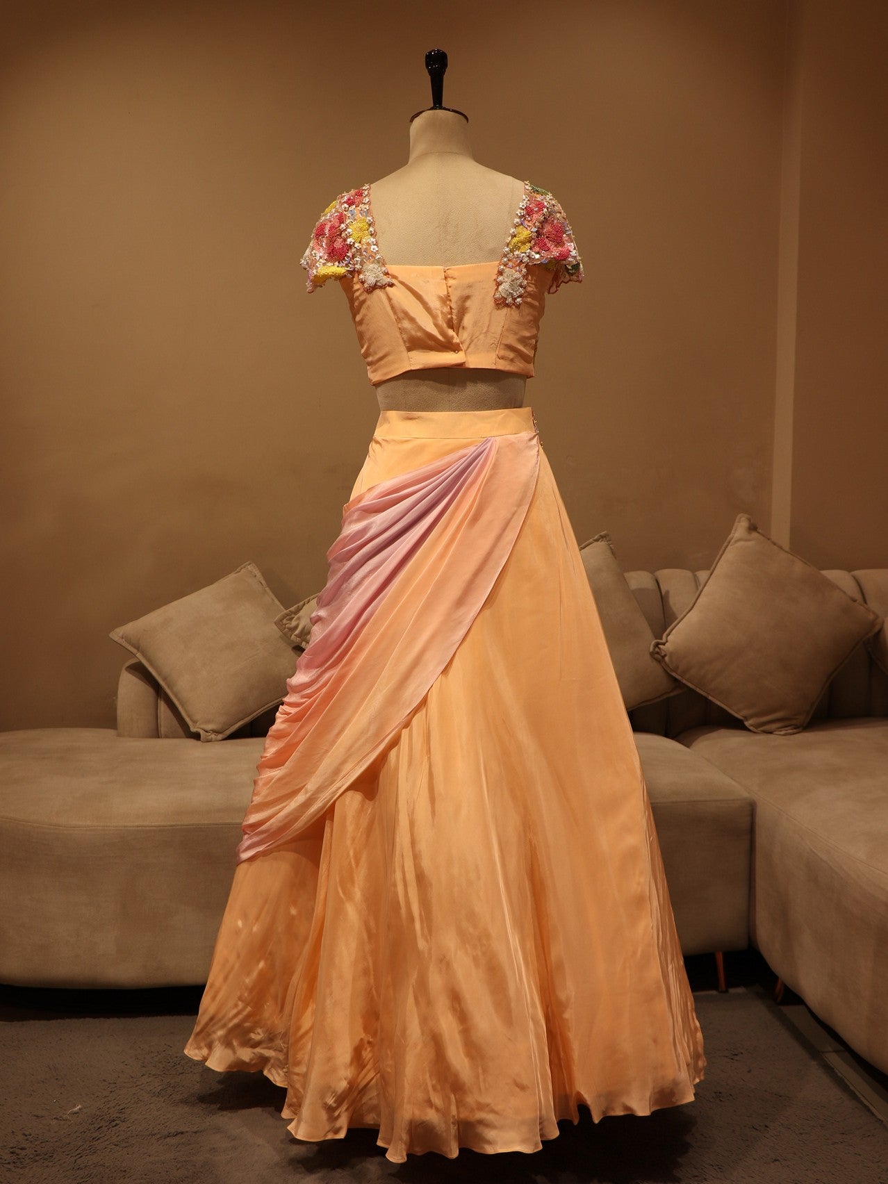 Peach shaded drape crop top skirt