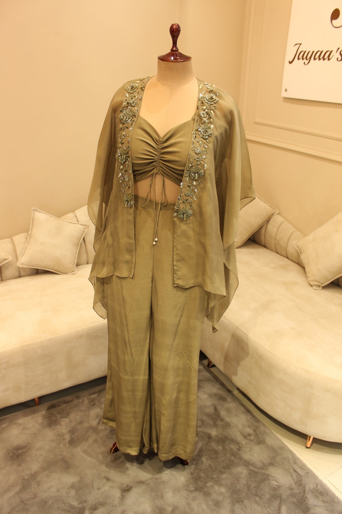 Olive green crop top plazo set