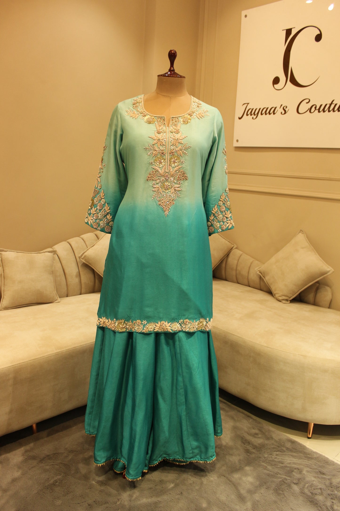 Sea green shaded kurta with skirt and dupatta