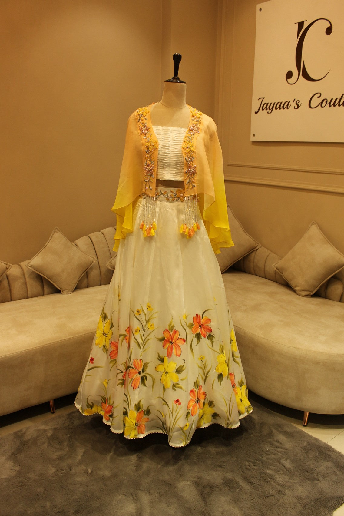 white yellow shaded handpainted crop top skirt with cape – JAYAA'S