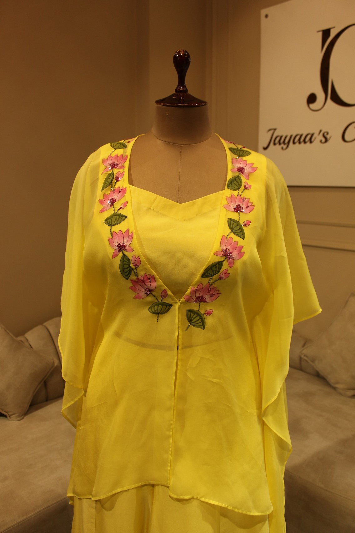 Yellow Handpainted top cape with plazo
