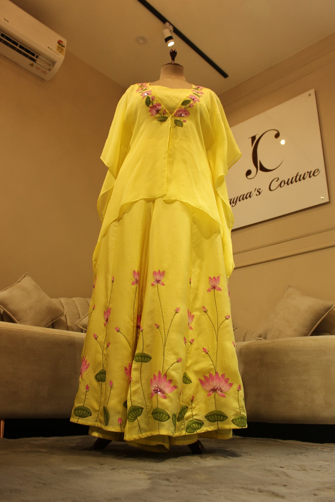 Yellow Handpainted top cape with plazo
