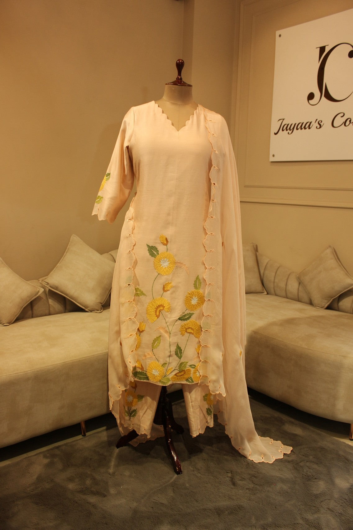 Pastel peach kurta pants dupatta