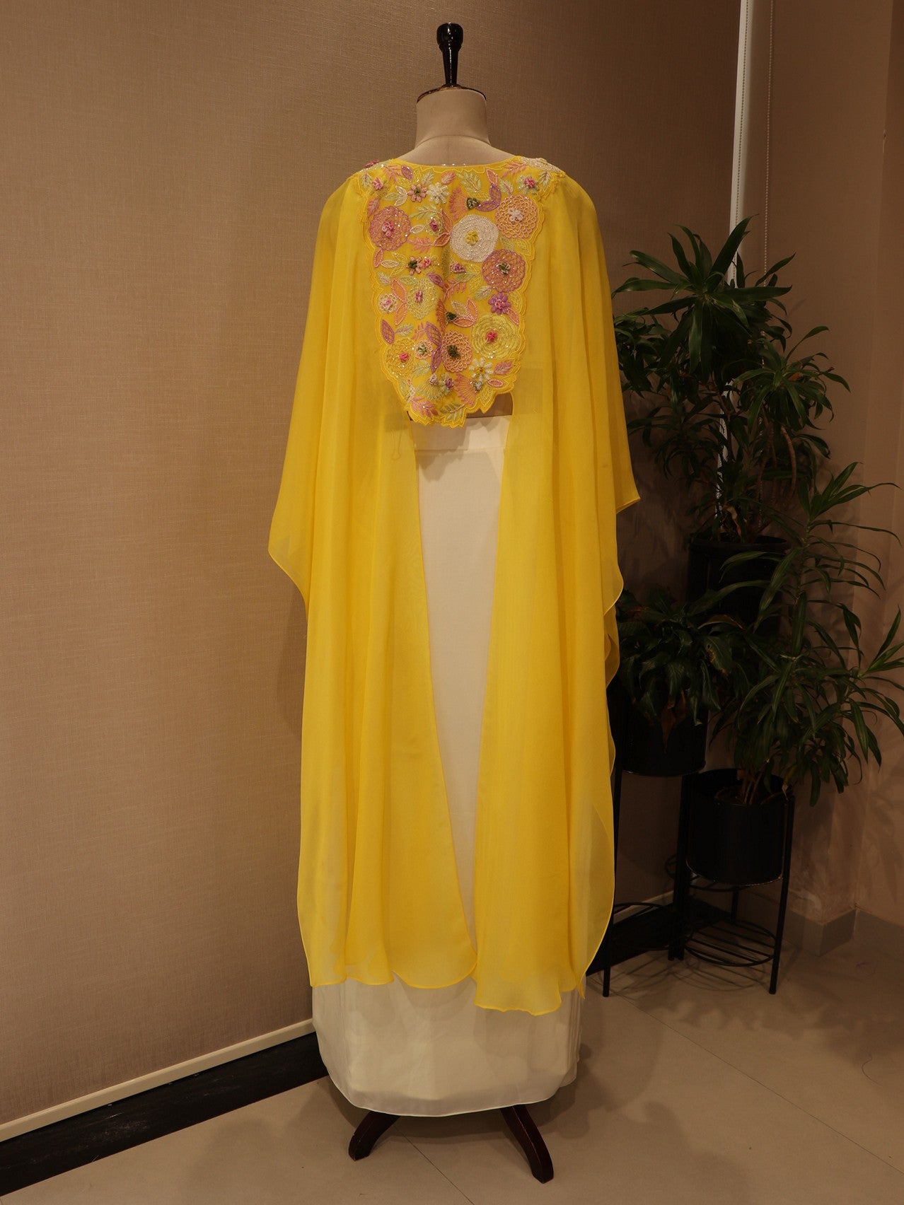 Off white yellow crop top skirt cape
