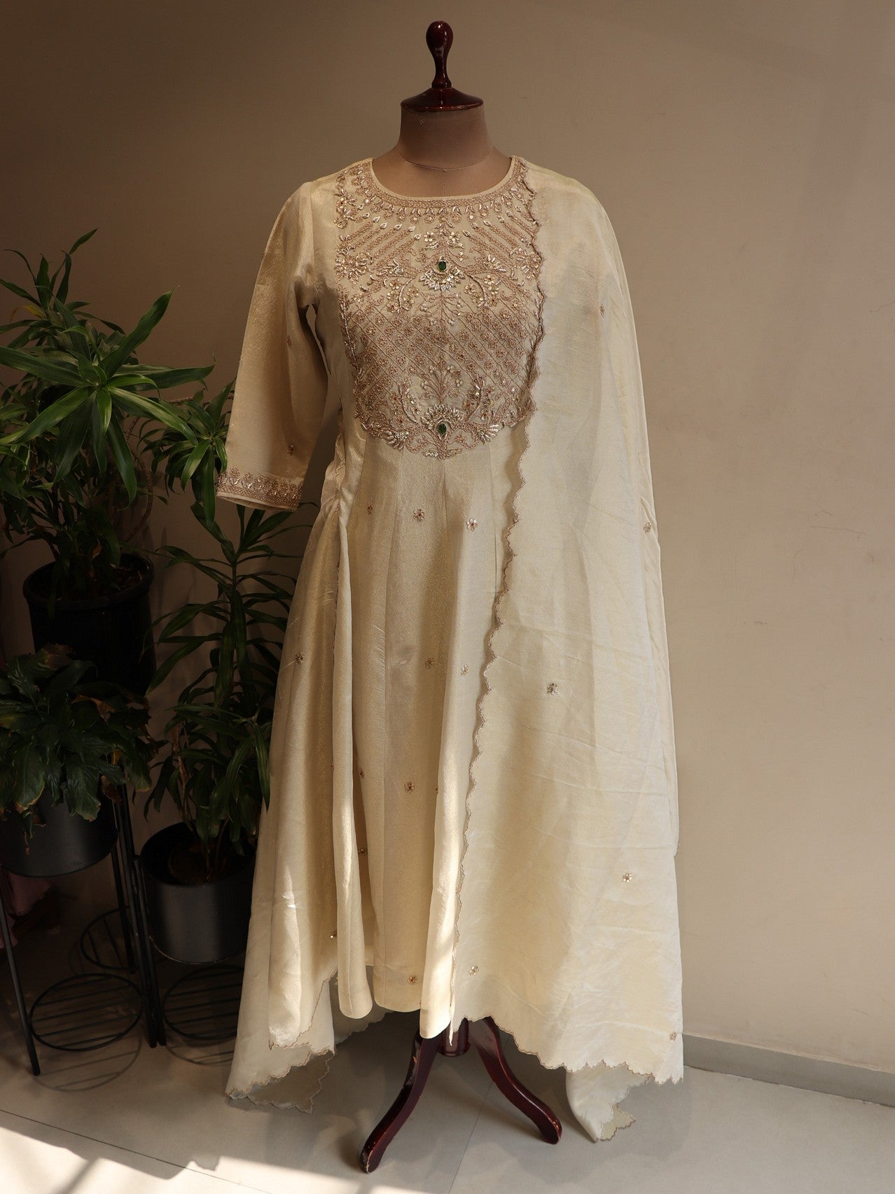 Pearl white tissue anarkali with plazo