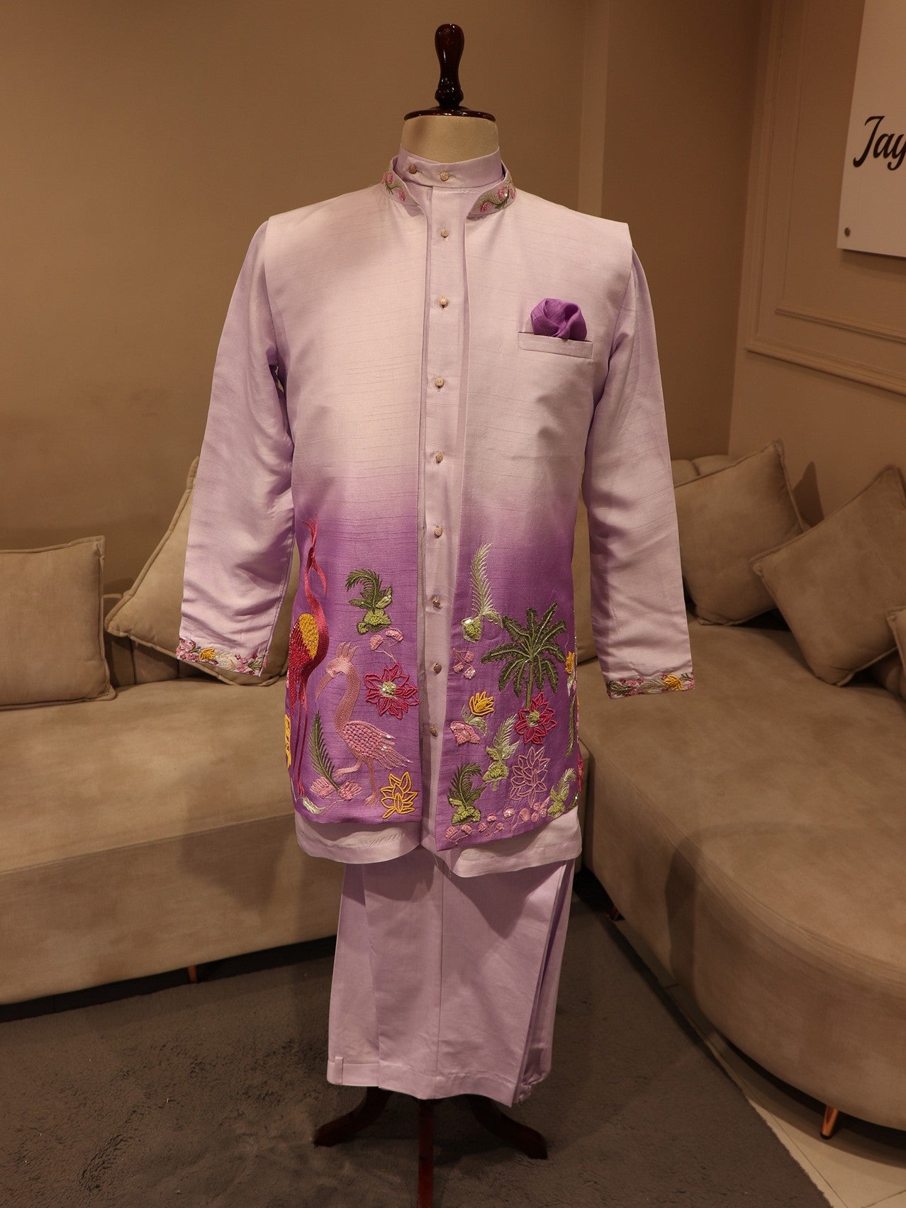 Pastel lilac crane mens indo western