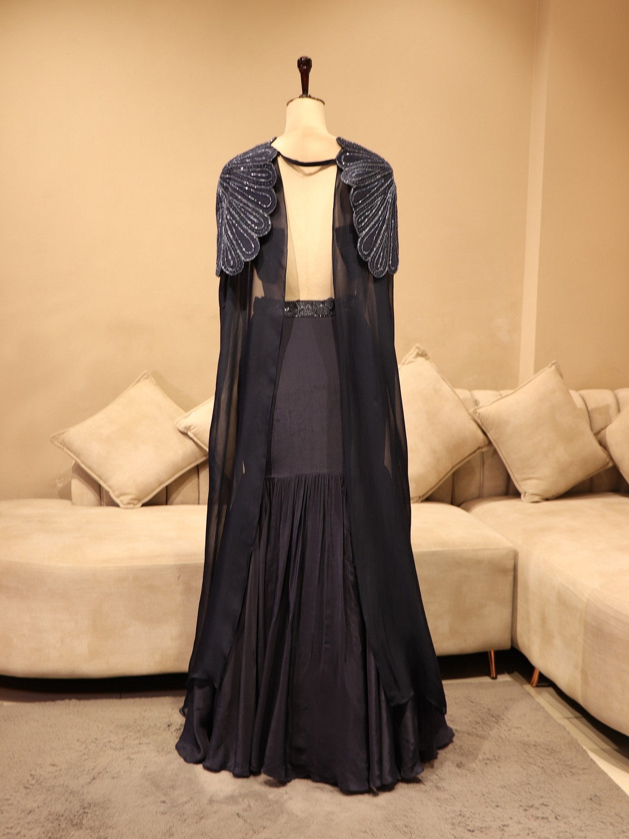 Navy blue cape crop top fish cut skirt